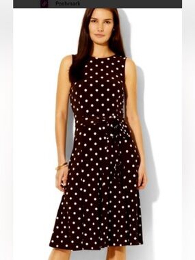 Lauren Ralph Lauren Brown and White Polka Dot Sleeveless Midi Dress